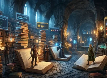 Glowing best LitRPG books surround a fantasy adventurer in a magical library