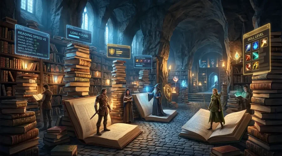 Glowing best LitRPG books surround a fantasy adventurer in a magical library