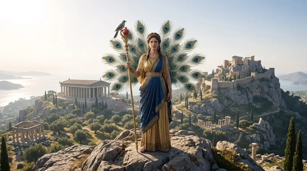 Hera stands alone as a powerful goddess with her royal scepter
