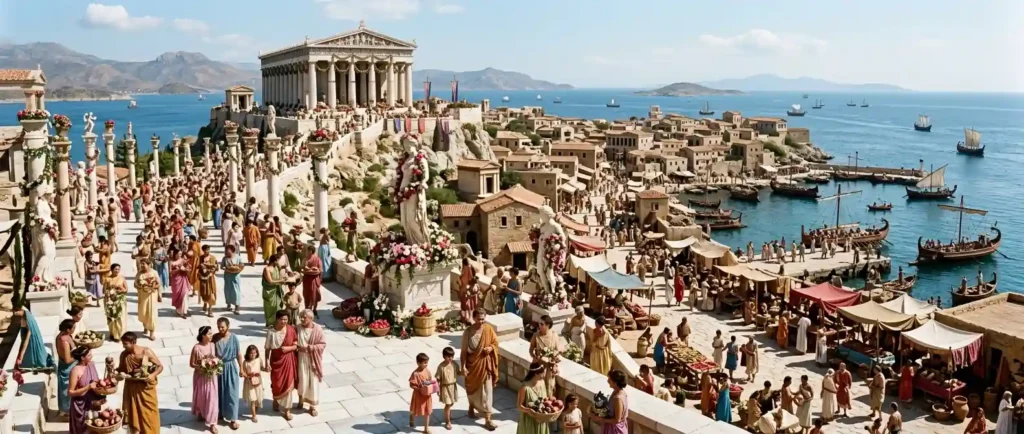 Citizens celebrate Aphrodite at a sanctuary overlooking their city