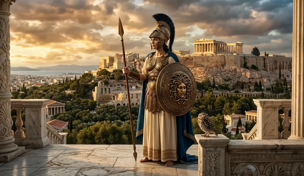 Athena stands armed above Athens with her shield, spear, and owl
