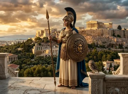 Athena stands armed above Athens with her shield, spear, and owl