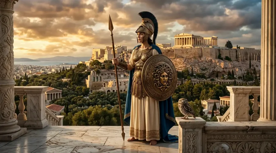 Athena stands armed above Athens with her shield, spear, and owl