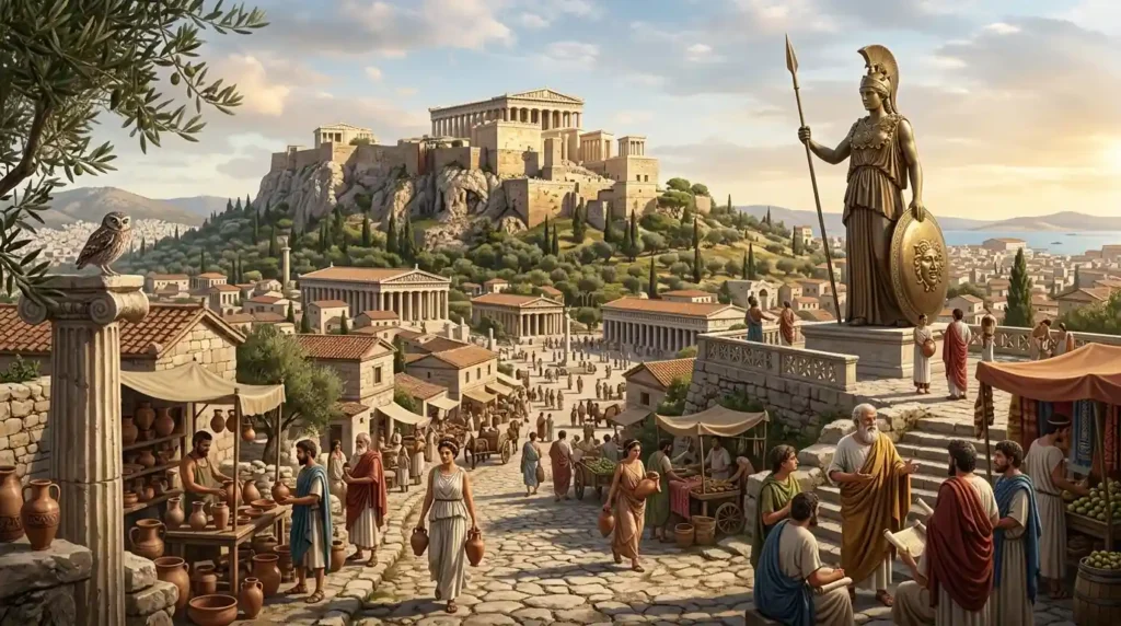 A statue of Athena overlooks ancient Athens and its busy streets