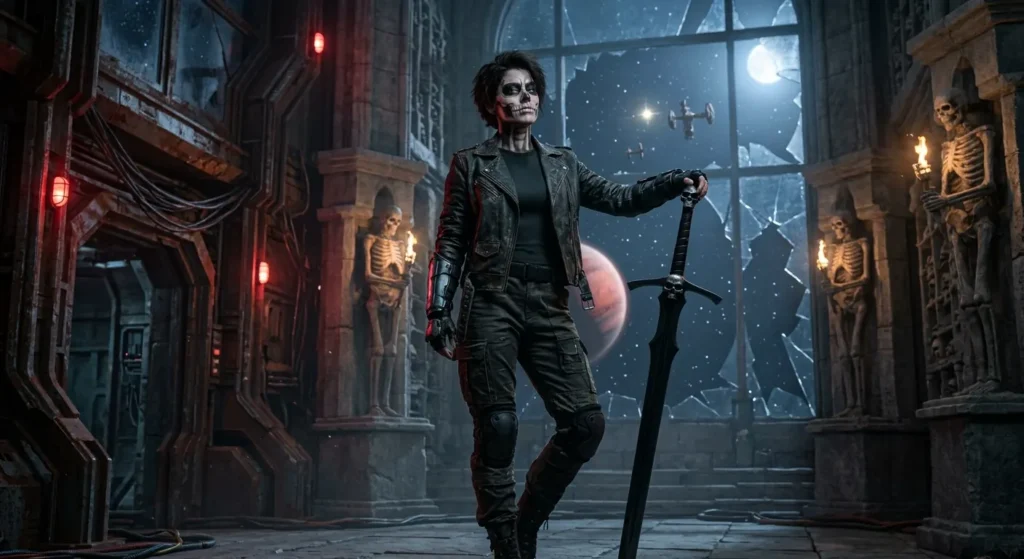Gideon stands armed inside a decaying necromantic fortress