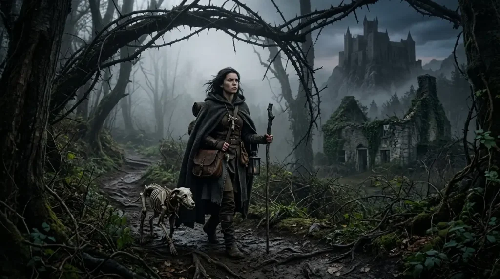 A determined heroine and her bone dog travel through a dark fairytale forest
