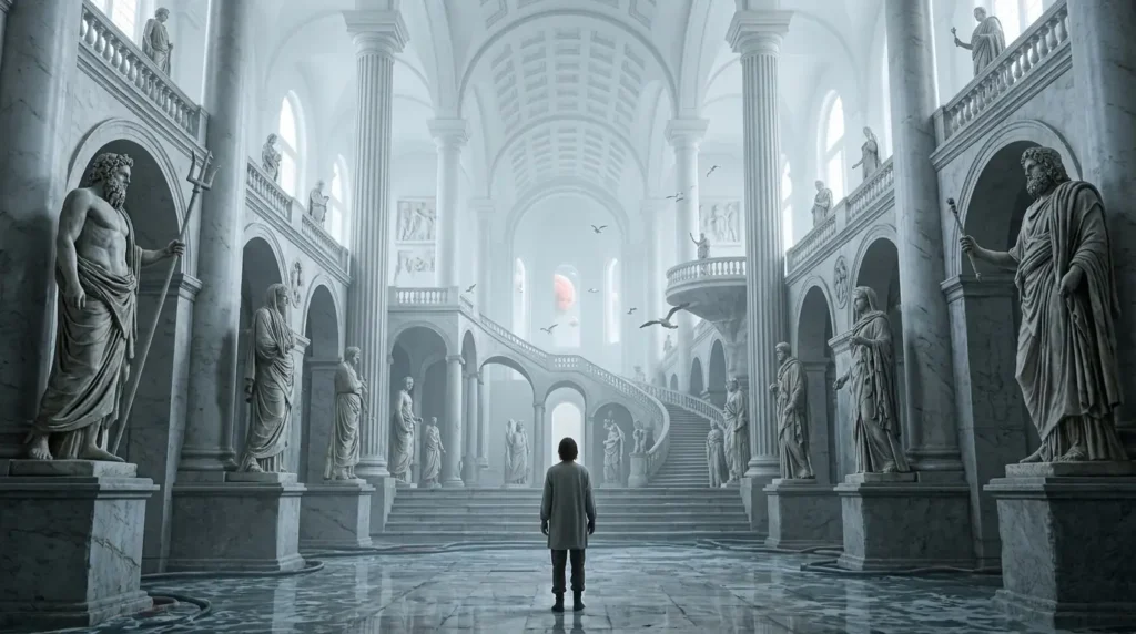 A solitary explorer wanders through an endless house of statues and tides