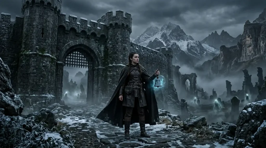 Sabriel holds a magical bell before a gate to the realm of the dead