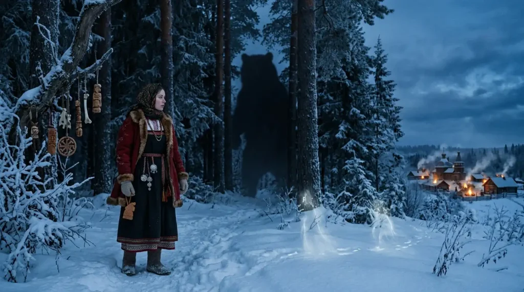 A young woman faces an ominous bear-shaped shadow in a snowy forest