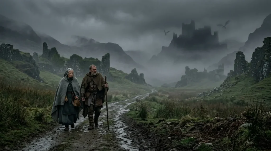 An elderly couple journeys through a mysterious mist-covered medieval Britain