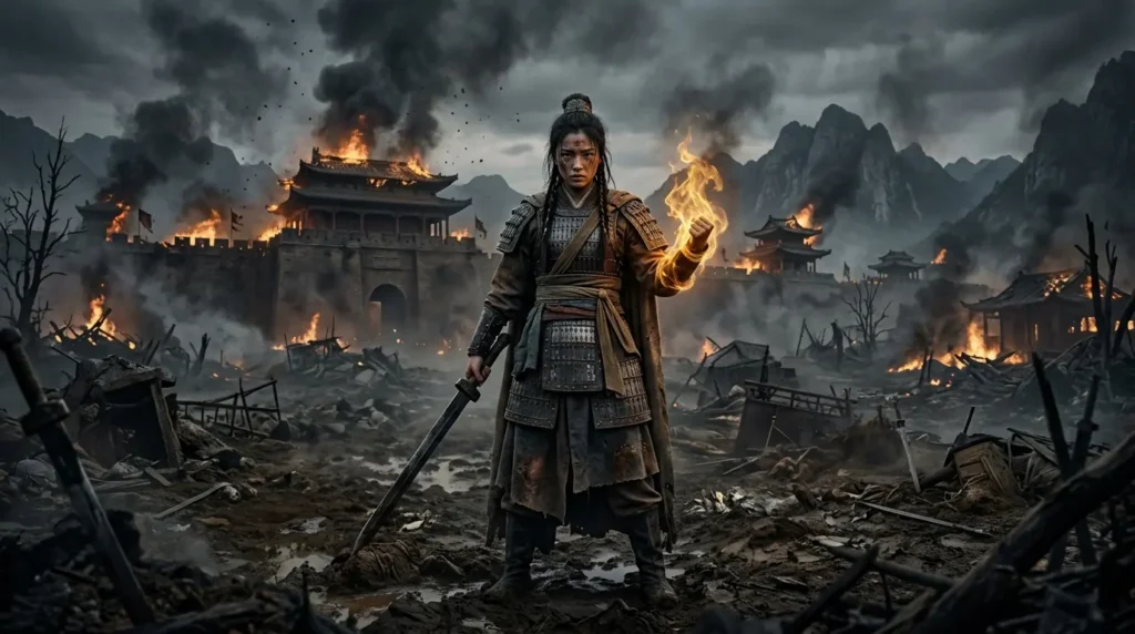 A female warrior stands amid the ruins of a devastated battlefield