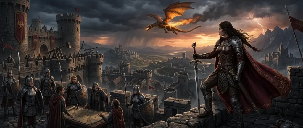 A female dragon rider surveys a vast kingdom from a fortress