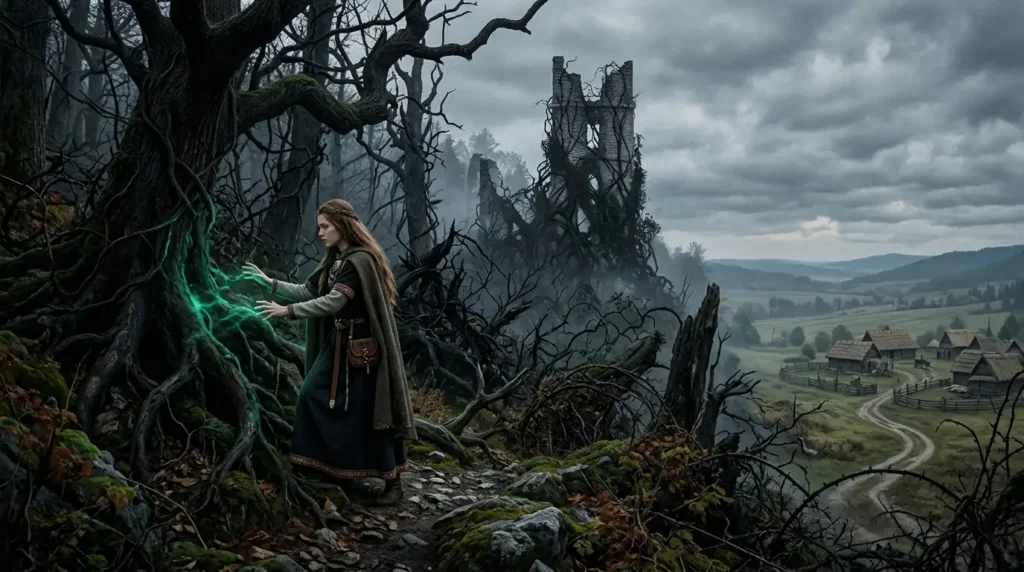 A young woman confronts a corrupted forest filled with dark magic
