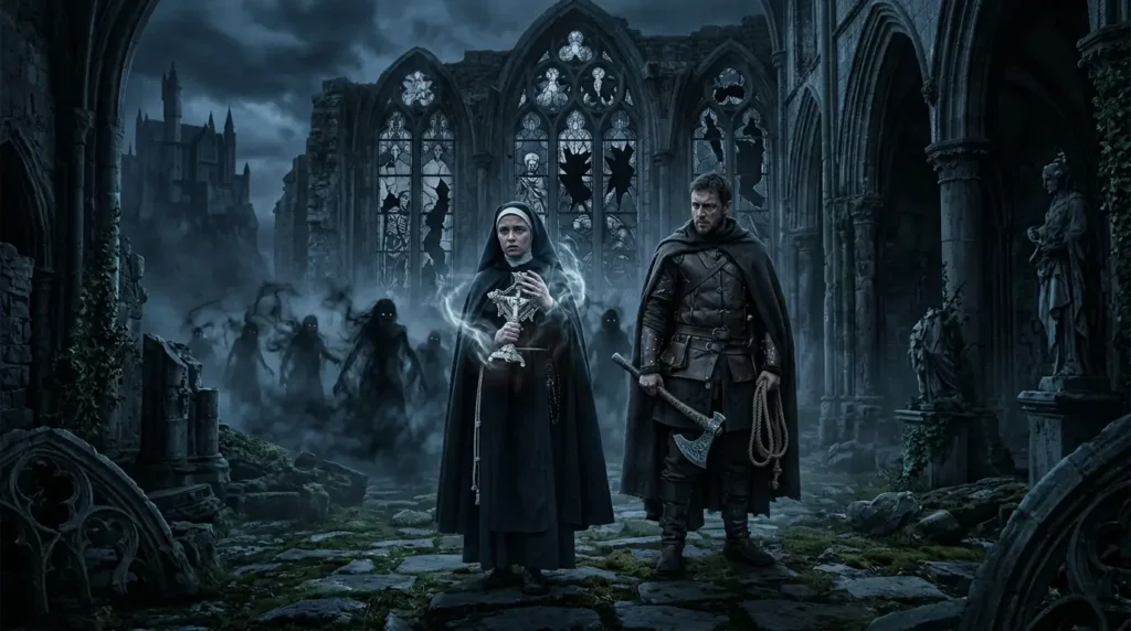 A young nun confronts spirits inside a ruined monastery