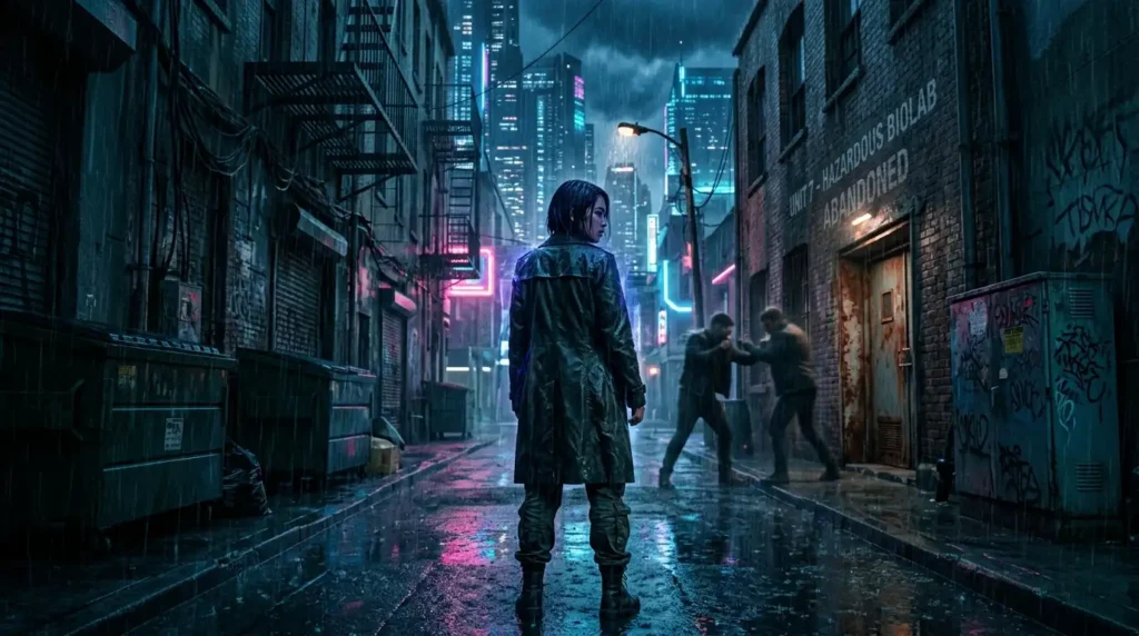 A woman watches a dangerous confrontation in a rain-soaked city