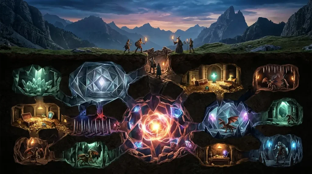 A magical dungeon grows beneath a fantasy landscape