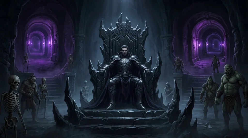 A dungeon lord commands monsters from a dark underground fortress