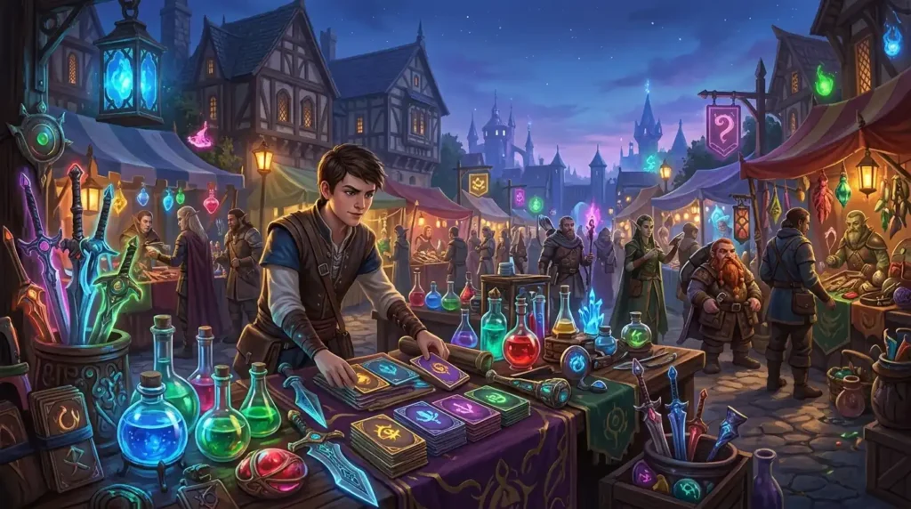 A magical merchant runs a fantastical market filled with enchanted goods