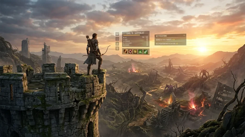 A lone archer surveys a dangerous world with a glowing RPG interface