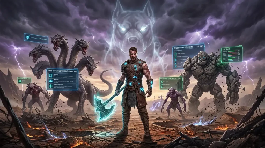 A warrior faces monsters with a spectral ghosthound behind him