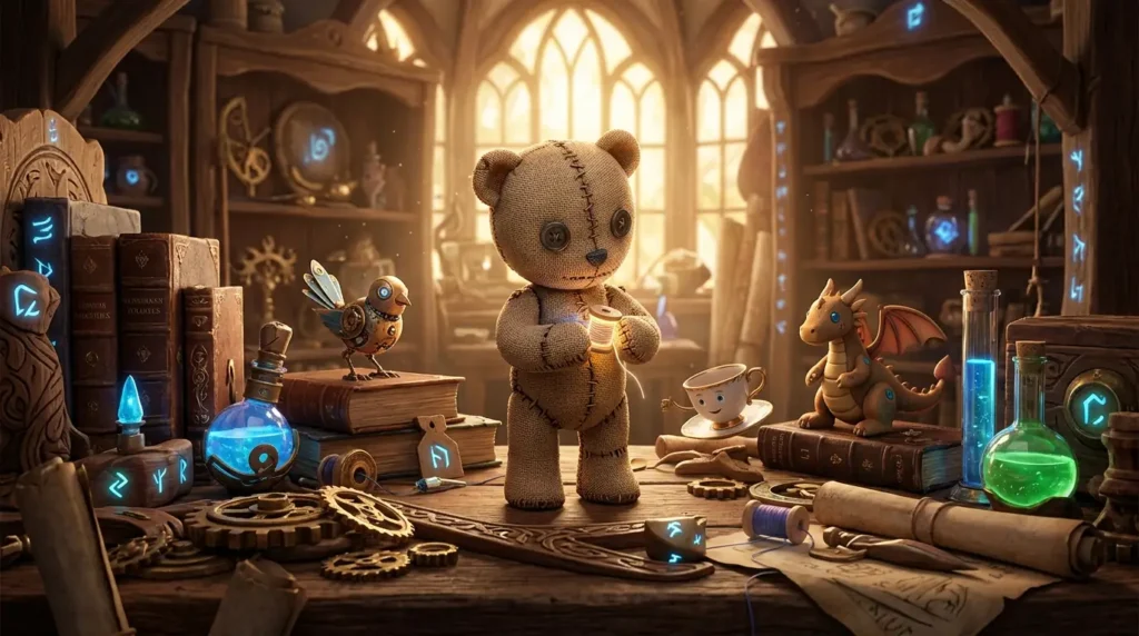 A stitched teddy-bear golem explores a magical workshop