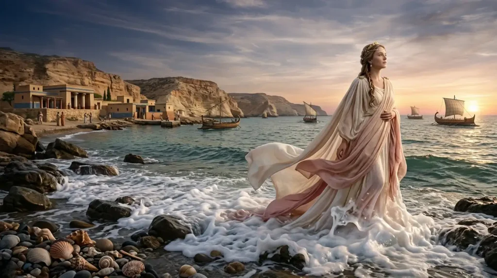 Aphrodite emerges from sea foam near an ancient Mediterranean sanctuary