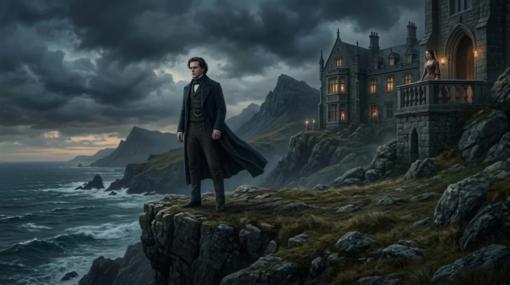 Brooding Romantic-era hero overlooking a Gothic estate