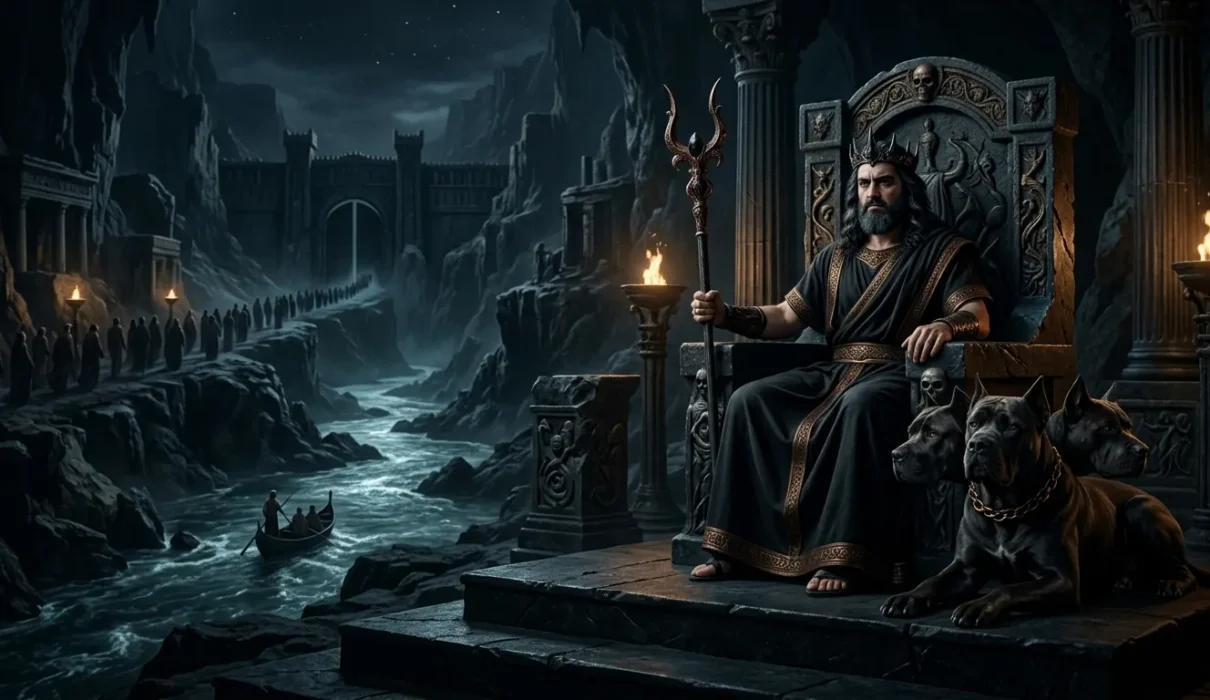 Hades sits on his underworld throne beside Cerberus