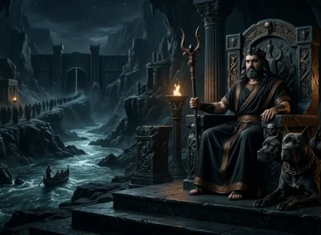 Hades sits on his underworld throne beside Cerberus
