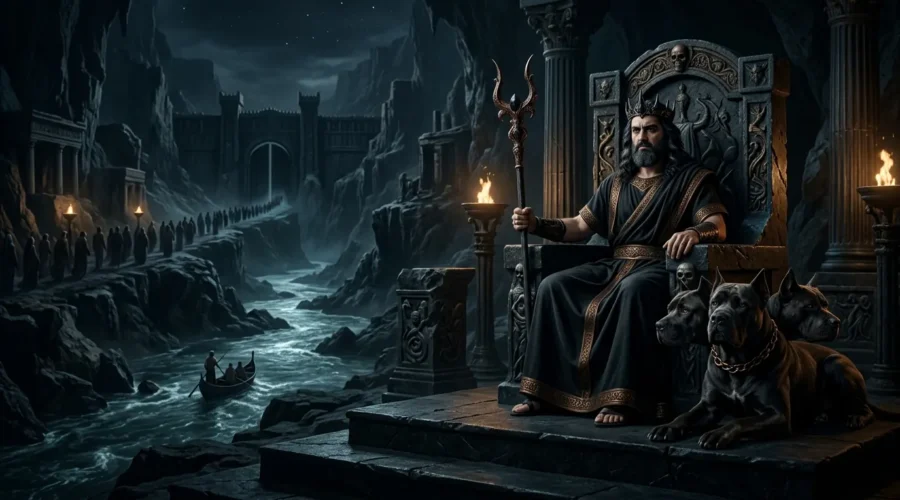 Hades sits on his underworld throne beside Cerberus