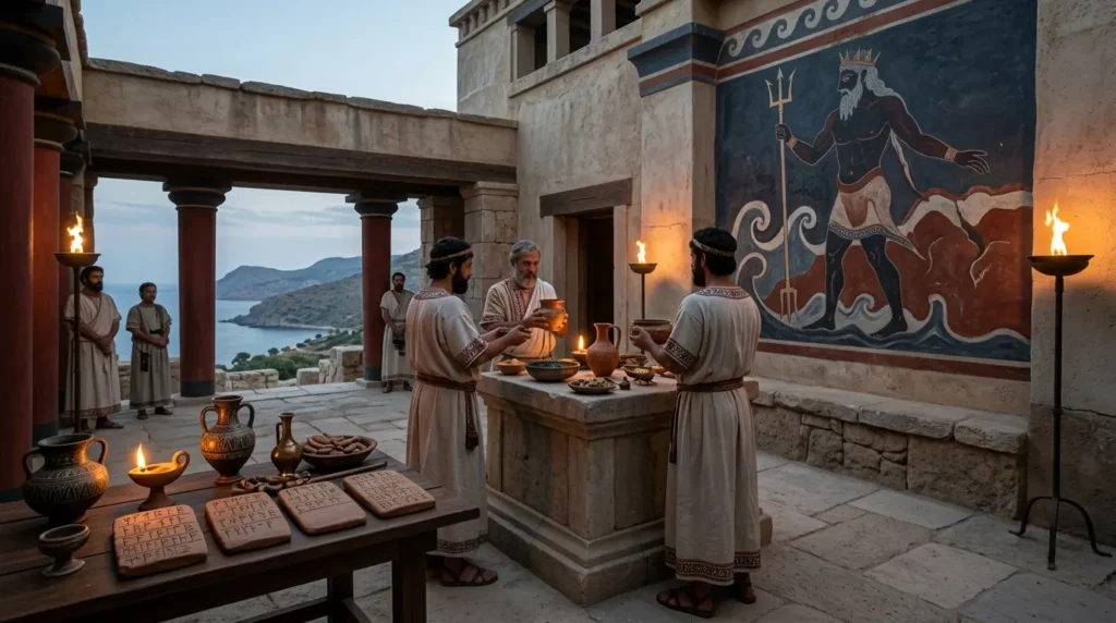 Mycenaean worshippers perform a ritual beside Linear B tablets