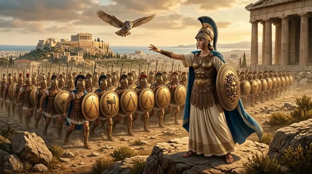 Athena directs Greek warriors through a carefully coordinated battle