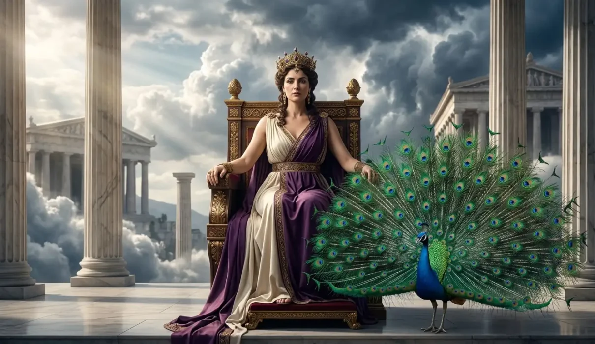 Hera sits regally on her throne with a peacock beside her