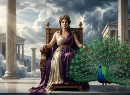 Hera sits regally on her throne with a peacock beside her