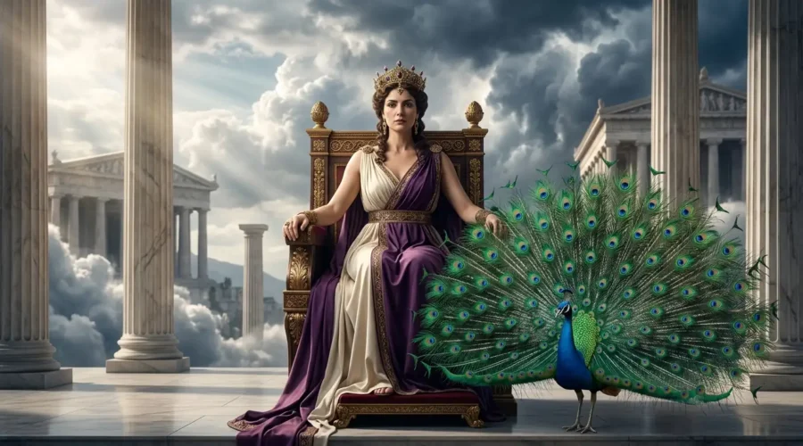 Hera sits regally on her throne with a peacock beside her