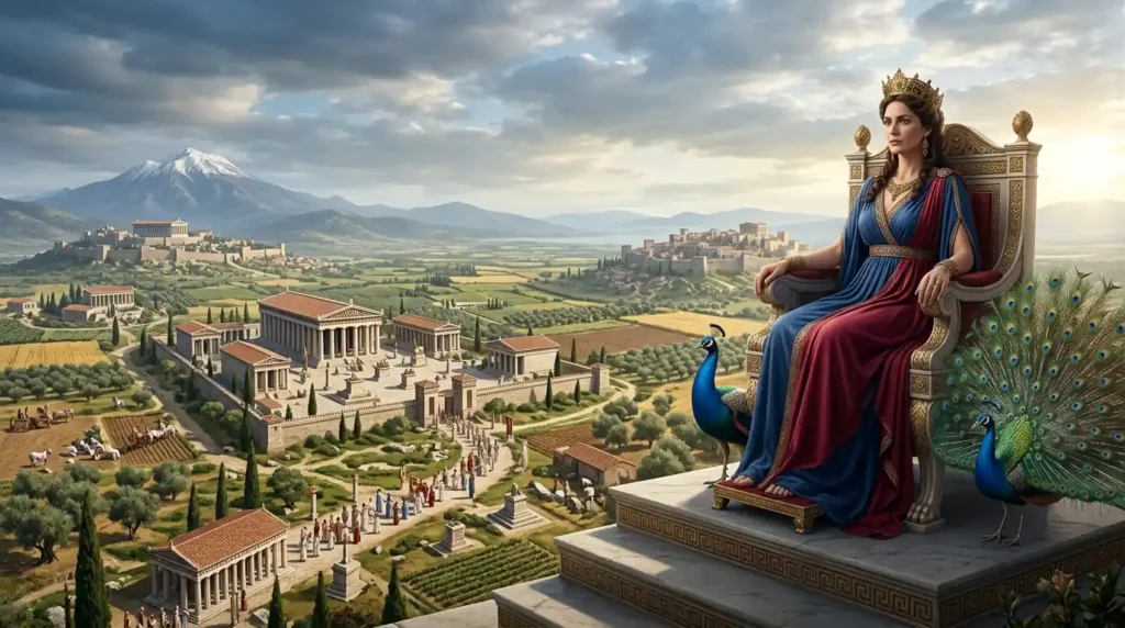 Hera overlooks ancient Greece from her divine throne