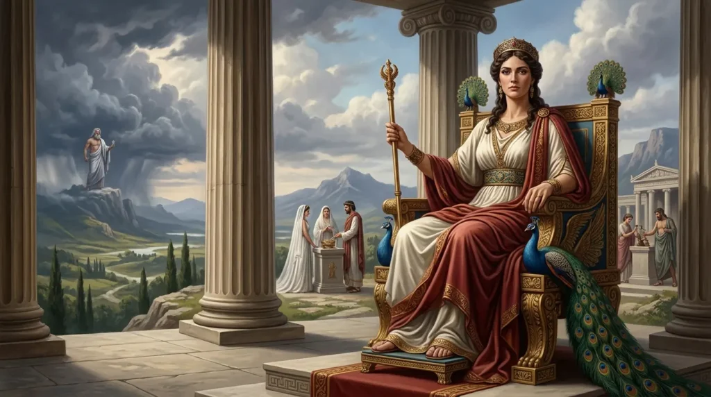 Hera watches Zeus from her Olympian throne