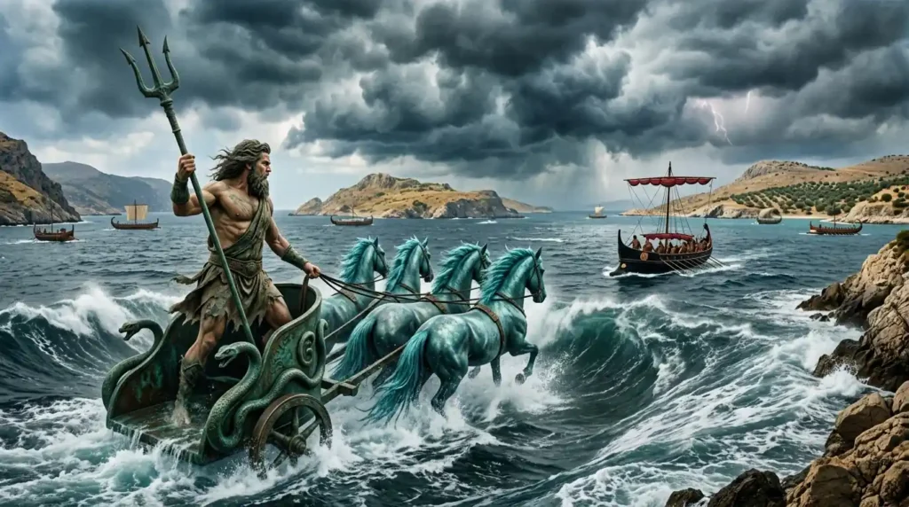 Poseidon pursues Odysseus across a stormy ancient sea