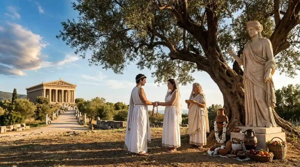 An ancient Greek wedding takes place beneath Hera's watchful statue