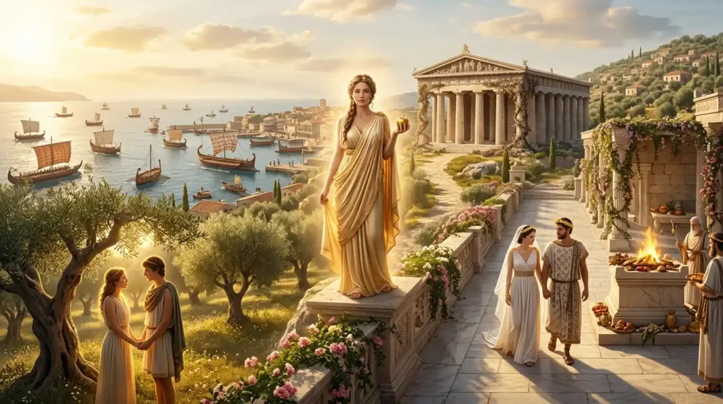 Aphrodite stands among symbols of attraction, marriage, trade, and connection