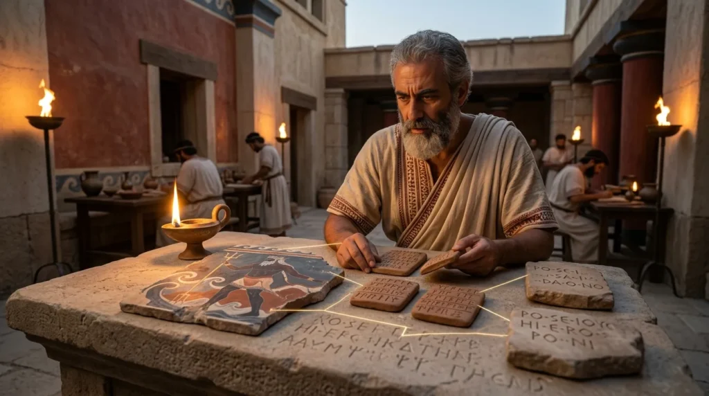 A scholar studies ancient inscriptions bearing Poseidon's name