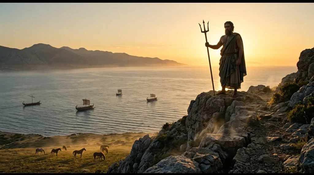 Poseidon surveys the sea and the land from a rocky headland