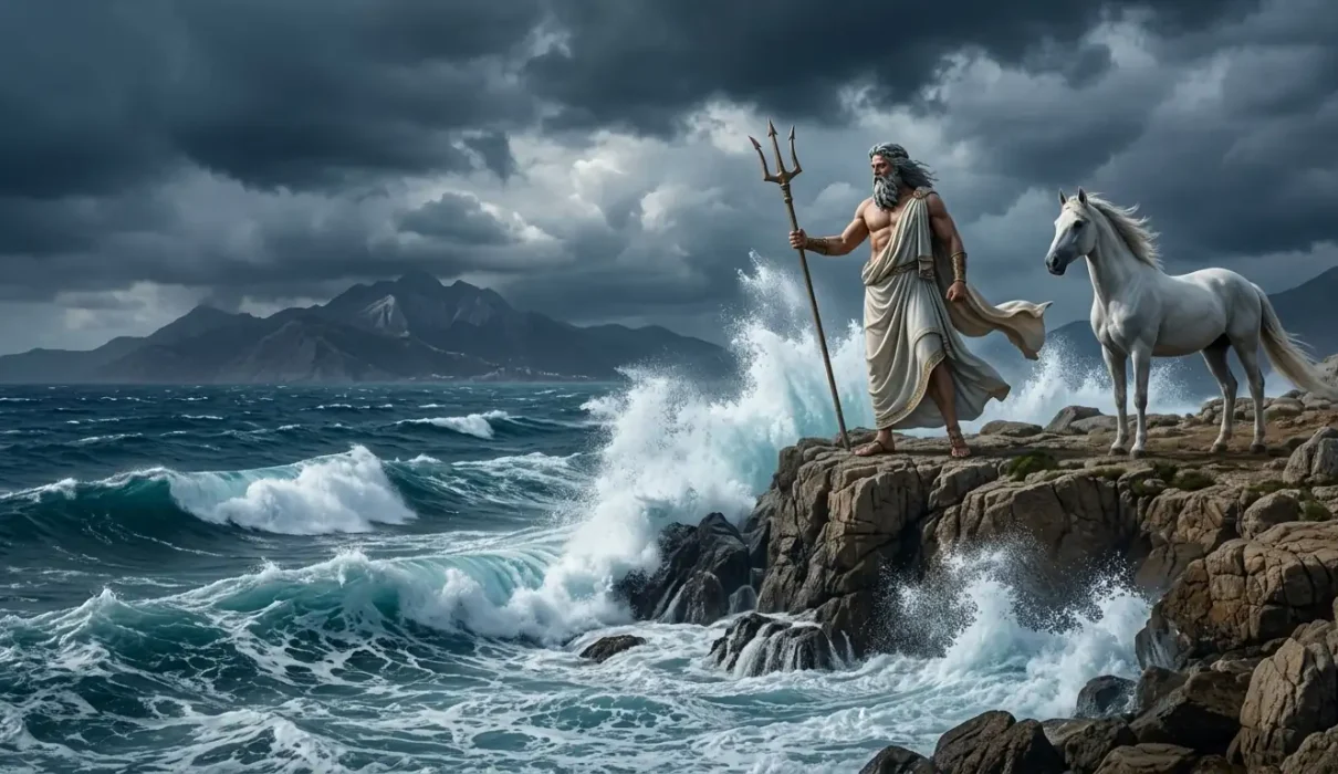 Poseidon raises his trident above stormy seas with a white horse nearby
