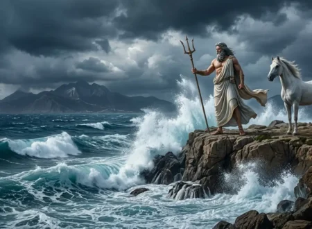 Poseidon raises his trident above stormy seas with a white horse nearby