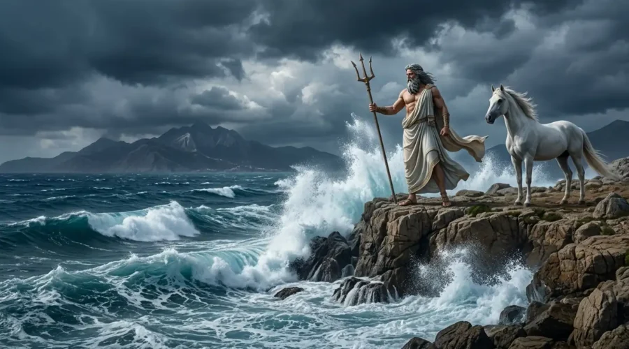 Poseidon raises his trident above stormy seas with a white horse nearby