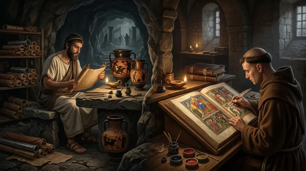 Greek underworld imagery contrasts with early Christian manuscript traditions