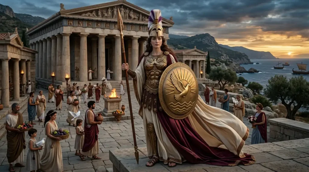 An armed form of Aphrodite stands before her ancient sanctuary