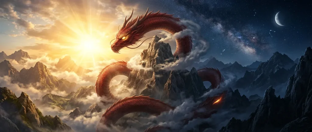 Zhulong's eye changes a Chinese mythological landscape from day to night