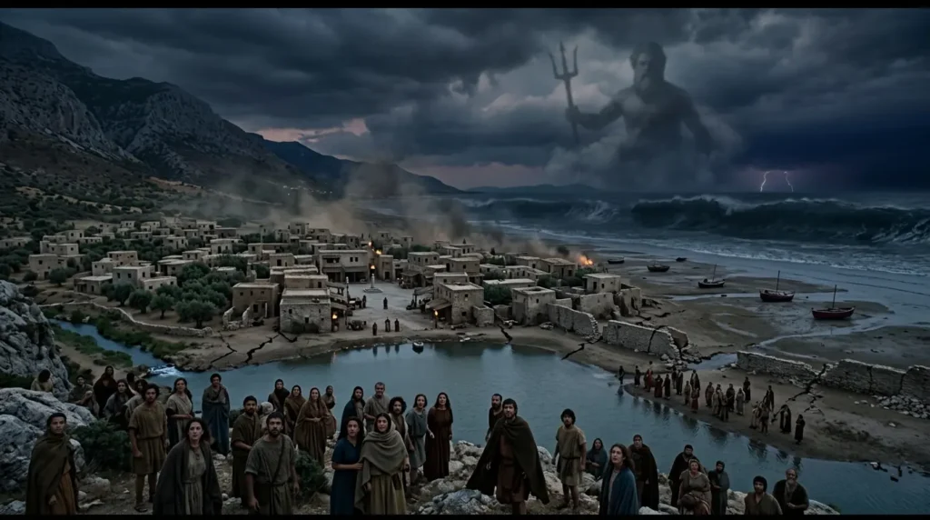 An ancient coastal settlement faces an earthquake and encroaching seawater