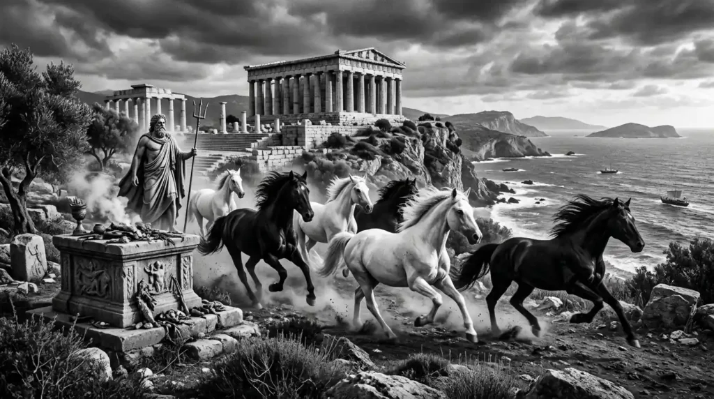Horses gallop beside Poseidon's sacred sanctuary